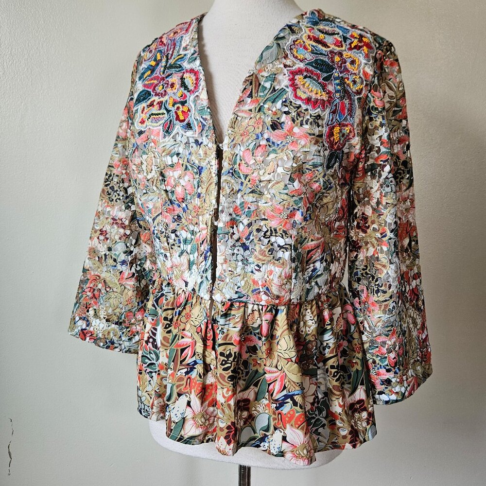 Soft Surroundings Ariege Blazer Jacket‎ Floral Lace Embroidered Beaded Peplum M